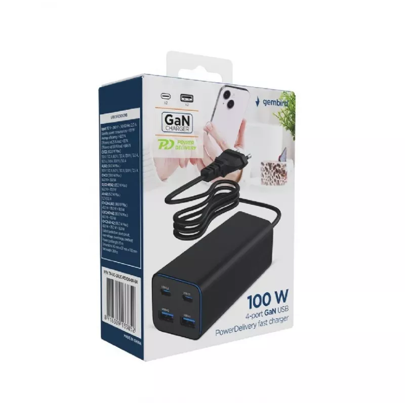 Ładowarka Gembird TA-UC-2A2C-PD100-01-BK do laptopa, smartfona, czarna, AC, szybkie ładowanie, do użytku wewnętrznego