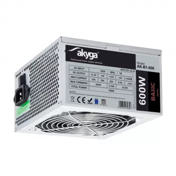 Zasilacz ATX Akyga Basic AK-B1-600 600 W, wentylator 120 mm, pasywne PFC, szary