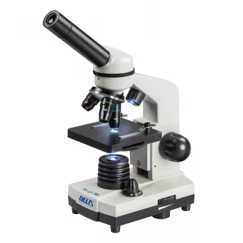 Mikroskop optyczny złożony Deltaoptical DO-3210 — monokularowy, 3 obiektywy achromatyczne, oświetlenie LED, 40–400×, głowica nachylana pod kątem 45° i obrotowa