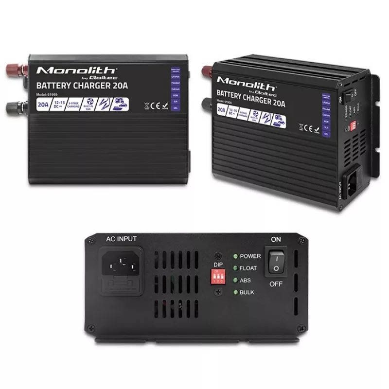 Ładowarka QOLTEC Monolith 20A 12V do akumulatorów LiFePO4, AGM, GEL, SLA