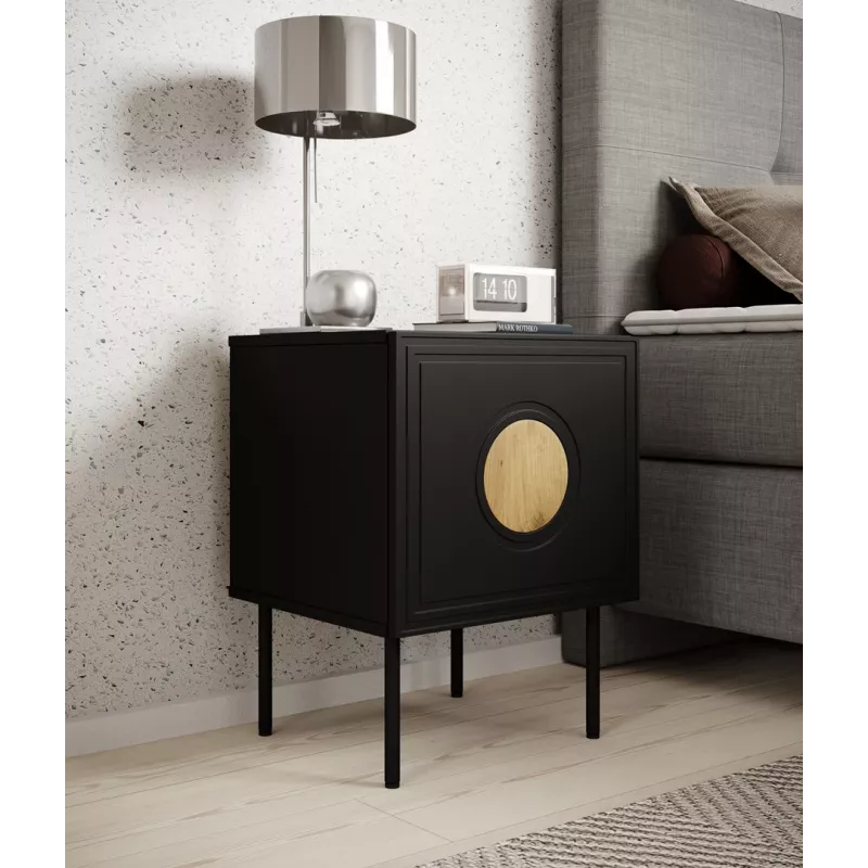Zestaw 2 stolików nocnych cama meble PALAZZO 44,5×40×59 cm czarny i dąb kraft — 1 drzwiczki, laminat matowy, metalowe nogi