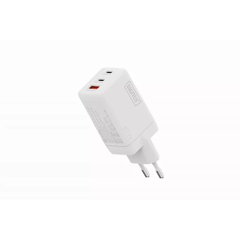 Ładowarka ścienna DIGITUS DA-10303 67W GaN, 2× USB-C + 1× USB-A, 100–240V, biała