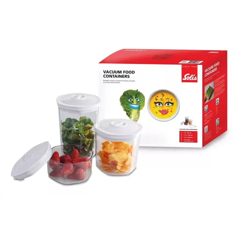 Zestaw pojemników próżniowych na żywność Solis 92278 — sześciokątny 700 ml, 1,4 l, 2 l, biały/przezroczysty, odpowiedni do lodówki i zamrażarki