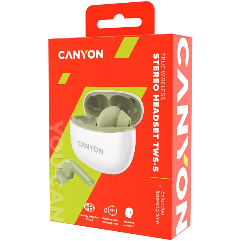 Słuchawki douszne CANYON TWS-5, zielony, Bluetooth 5.3, sterowanie dotykowe, wejście ładowania: USB-C