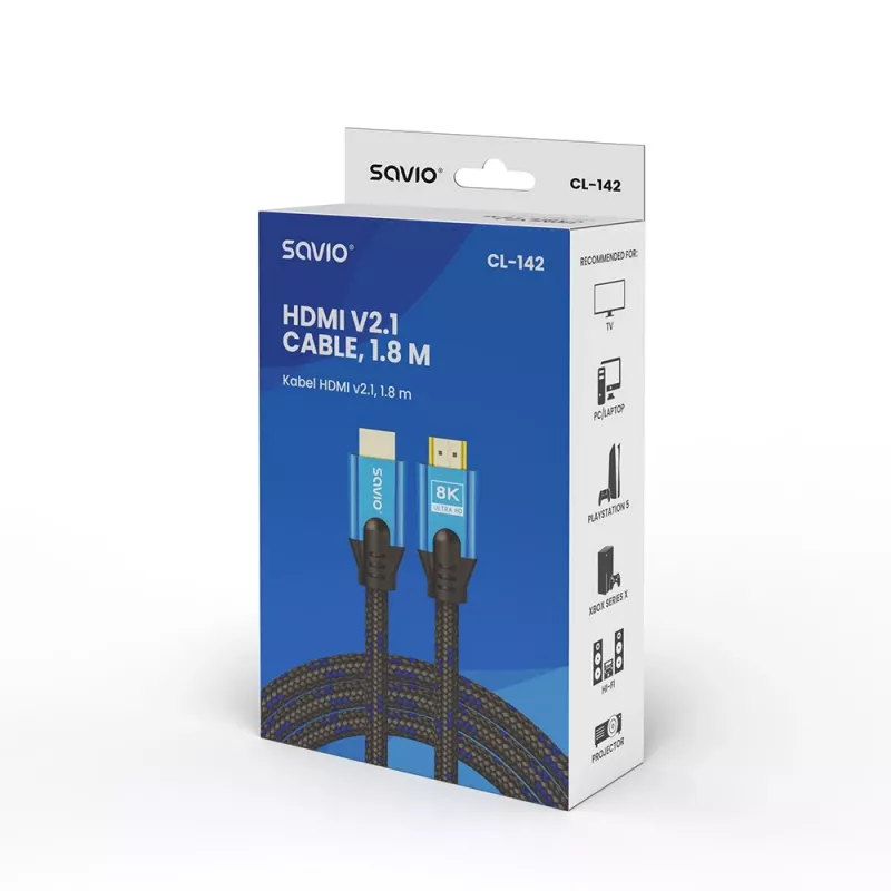 Kabel HDMI Savio CL-142 v2.1 1,8 m, HDMI Typu A męski–męski, pozłacane styki, czarny/niebieski
