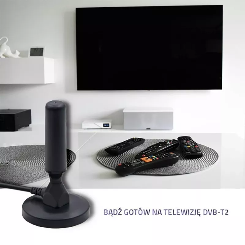 Wewnętrzna antena telewizyjna QOLTEC 57016 DVB-T2 — kompaktowa konstrukcja do cyfrowego odbioru naziemnego