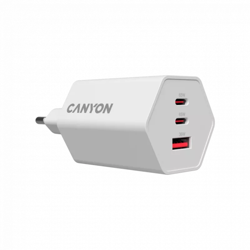 Ładowarka CANYON HEXAGON 65 GaN 65W 2xPD 1xQC EU Biała CND-CHAHEX65W