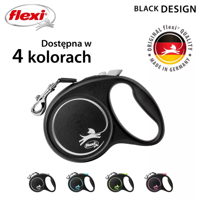 Automatyczna smycz Flexi Czarny Design M, taśma, 5 m, dla psów średnich ras (10–25 kg), maks. obciążenie 20 kg