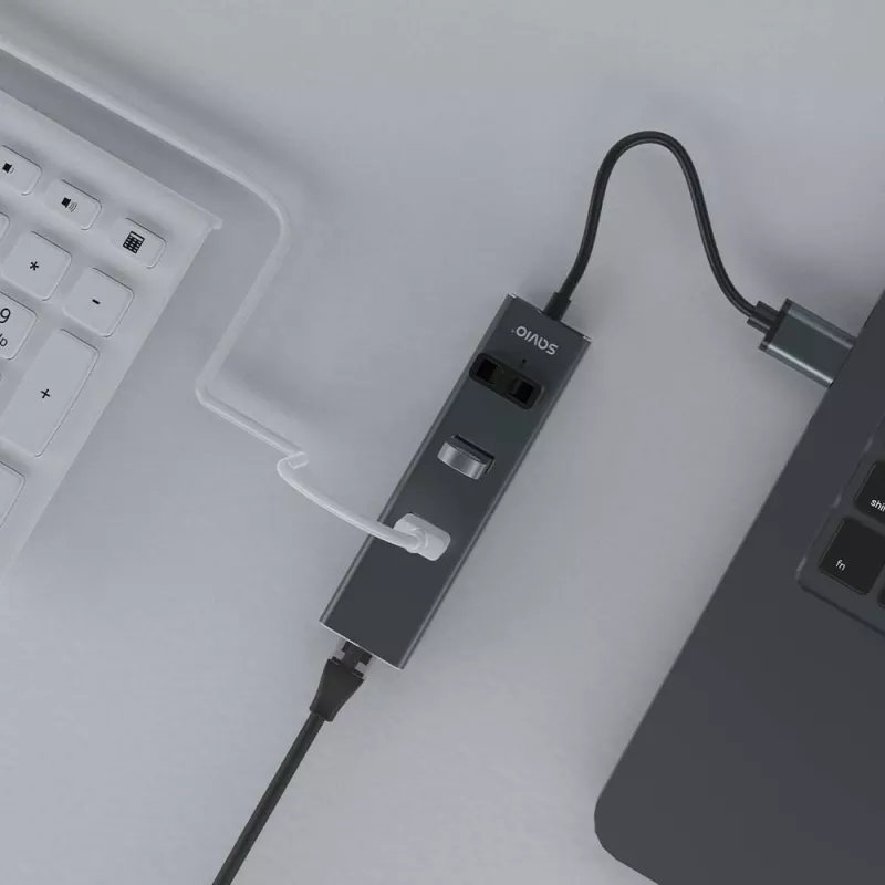 SAVIO USB-A hub z RJ-45 Gigabit Ethernet AK-57 — 3× USB-A + RJ-45, USB 3.2 Gen 1 Micro‑B host, 5 Gbit/s, 4 porty, szary