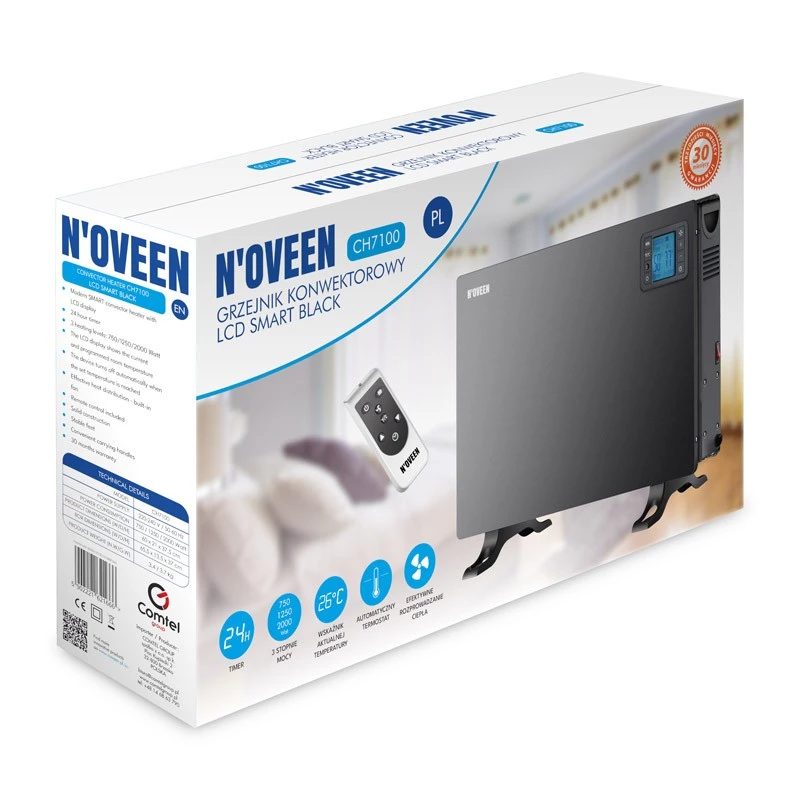 Konwektorowy grzejnik elektryczny NOVEEN CH7100 — 2000 W, 3 poziomy mocy, LCD, timer, pilot, czarny