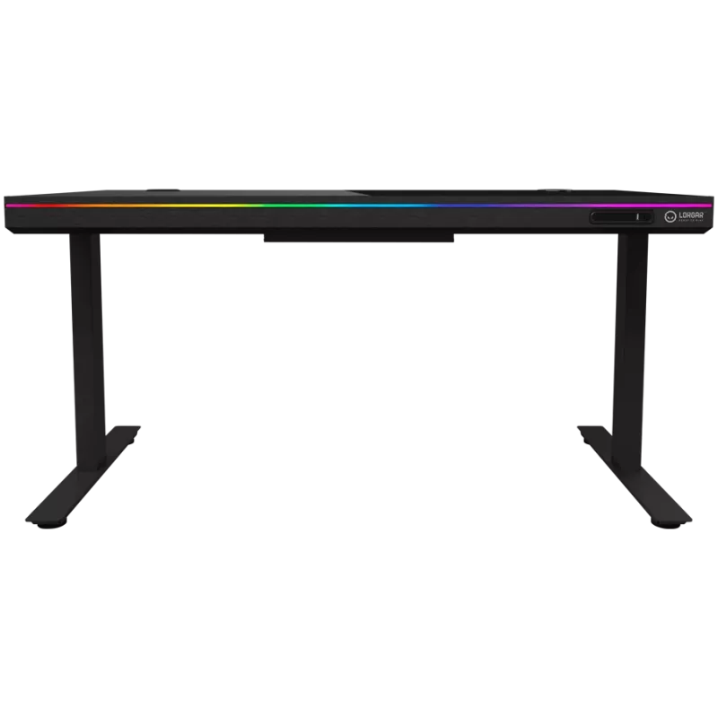 Biurko gamingowe z podnoszeniem elektrycznym, dwusilnikowe, regulowana wysokość siedząco-stojąca, z bezprzewodową ładowarką, podświetleniem RGB, panelem sterowania i portami USB, blat z hartowanego szkła, czarny.