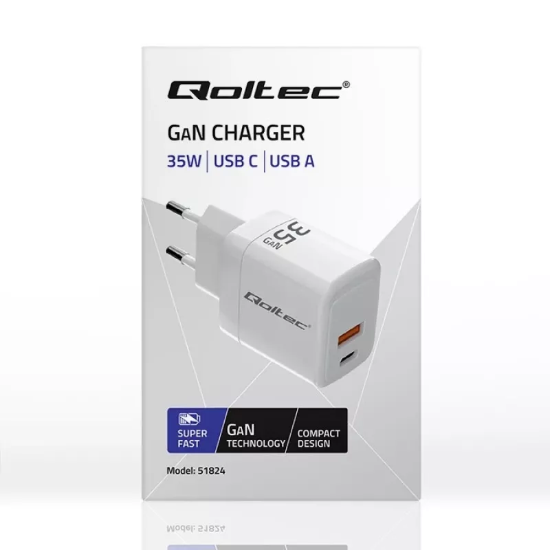 Ładowarka QOLTEC 51824 GaN 35W USB-C PD i USB QC 3.0, 5–20V, 1x USB-C, 1x USB-A