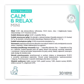Suplement uspokajający VETEXPERT Calm&Relax Mini — 30 kapsułek dla małych psów i kotów, 100 g, bez cukru, bez glutenu