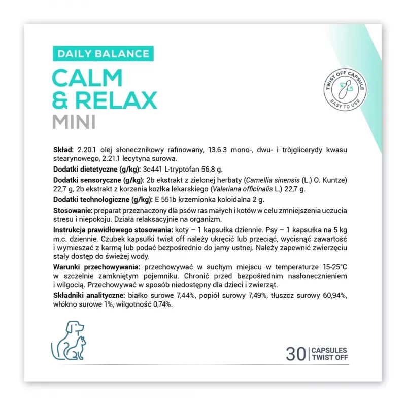 Suplement uspokajający VETEXPERT Calm&Relax Mini — 30 kapsułek dla małych psów i kotów, 100 g, bez cukru, bez glutenu