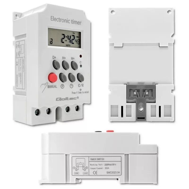 Elektroniczny przekaźnik czasowy na szynę DIN QOLTEC PC0629 — zasilanie 24V, wyjście 16A