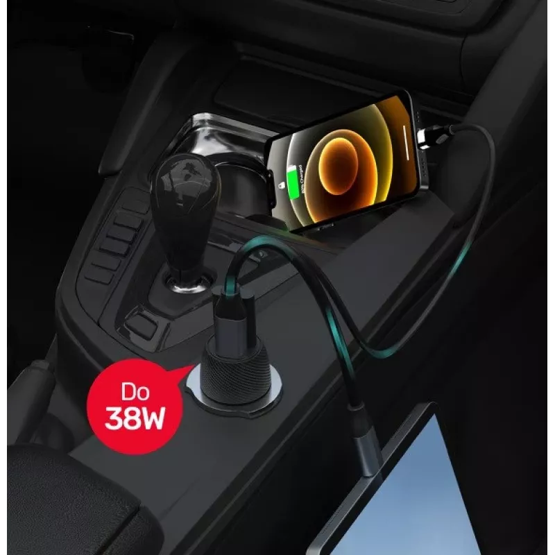 Ładowarka samochodowa Unitek P1400A z USB-C i USB-A, 38W, Quick Charge 3.0, wejście 12–24V, czarna