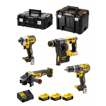 Zestaw narzędzi akumulatorowych DeWalt DCK422P3T-QW 18V 5Ah (3 baterie), wiertarko-wkrętarka DCD796, młotowiertarka, drewno 4 cm, stal 1,3 cm