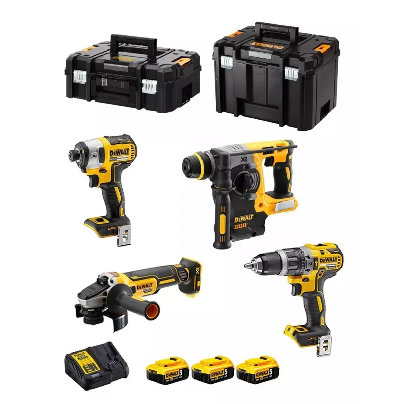 Zestaw narzędzi akumulatorowych DeWalt DCK422P3T-QW 18V 5Ah (3 baterie), wiertarko-wkrętarka DCD796, młotowiertarka, drewno 4 cm, stal 1,3 cm