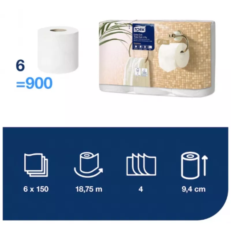 Papier toaletowy Tork Premium Extra Soft Conventional T4 — rolki 4-warstwowe 9,7 cm x 19,1 m, opakowanie 6 szt.