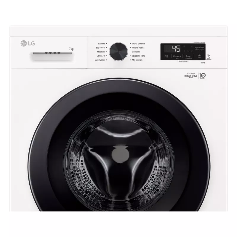 Pralka LG F2X10S7NWK — ładowana od przodu, szerokość 600 mm, głębokość 540 mm, wysokość 890 mm, masa netto 59 kg
