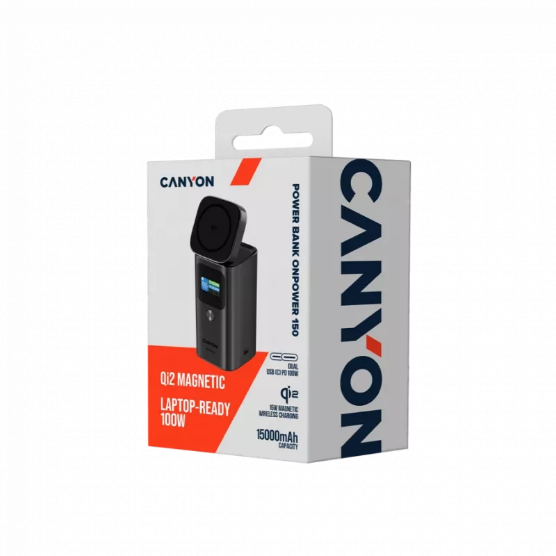 CANYON Qi2 magnetyczny power bank OnPower 150 15000mAh Aluminium Ciemny szary