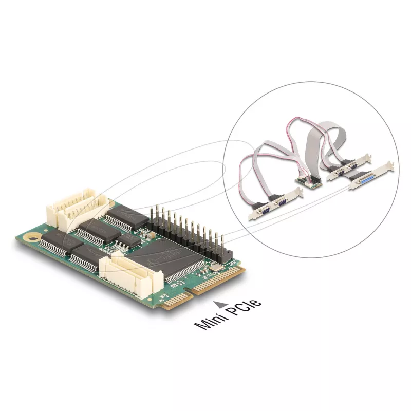 Wewnętrzny adapter interfejsu Mini PCIe DELOCK 95279 — Host szeregowy, wyjście Mini PCIe, obsługa RS-232, 460,8 Kbit/s, FIFO 256 B, 30×51×10 mm
