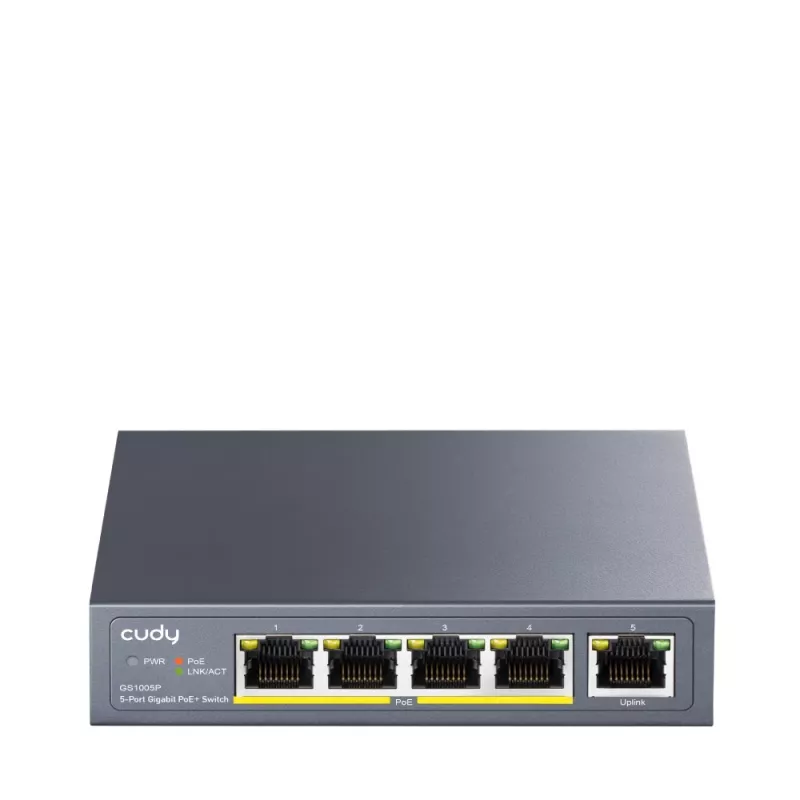 Przełącznik sieciowy Cudy GS1005P — 5-portowy Gigabit Ethernet z 4 portami PoE, 60W łącznie, obudowa metalowa, montaż w szafie rack
