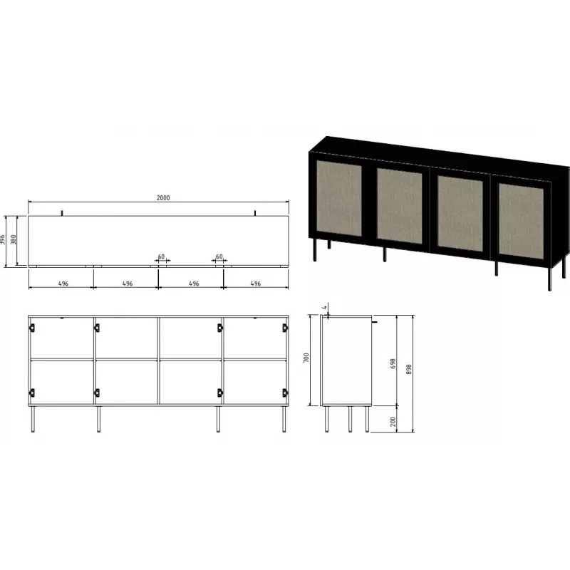JUTA 4D komoda 4D 200x39,5x90 czarny + linol calabria