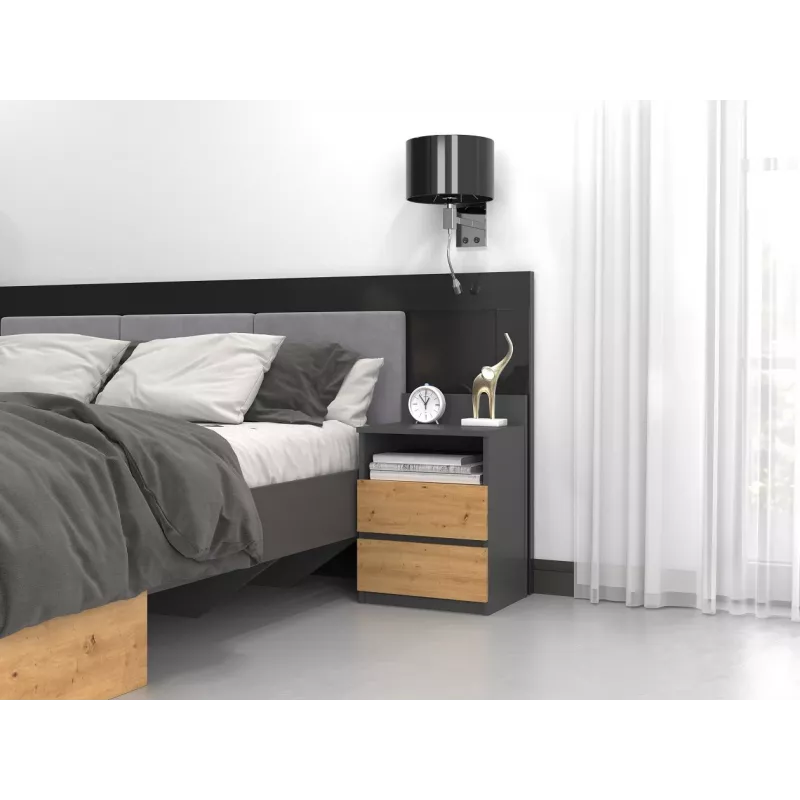 Szafka nocna top e shop M1 ANTRACYT/ARTISAN, Dąb, 2 szuflady, 400×320×590 mm
