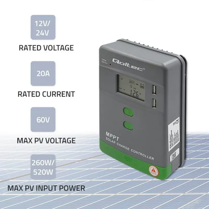 Qoltec, regulator ładowania MPPT z czujnikiem temperatury 20A 12V/24V Wyświetlacz LCD 2 x USB