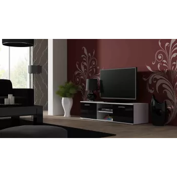 Stolik pod telewizor cama meble SOHO 140 — 1400×430×370 mm, biały blat, płyta wiórowa, biała rama, czarne fronty na wysoki połysk