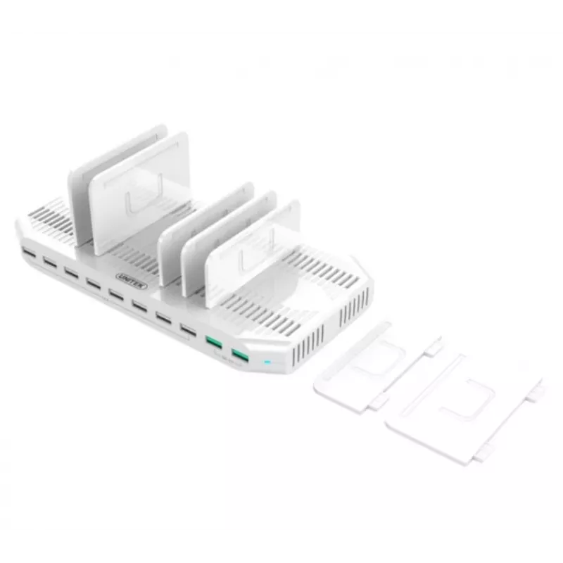 Stacja ładująca Unitek Y-2190A — 10× portów USB (8×USB2.0 + 2×USB3.2 Gen1), ładowanie bezprzewodowe, łącznie 96W
