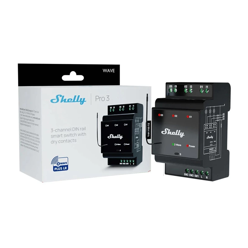 Przekaźnik inteligentny na szynę DIN Shelly WavePro3 3-kanałowy Z-Wave, 110–240 V, 25 A na kanał, AES-128, montaż na szynie DIN