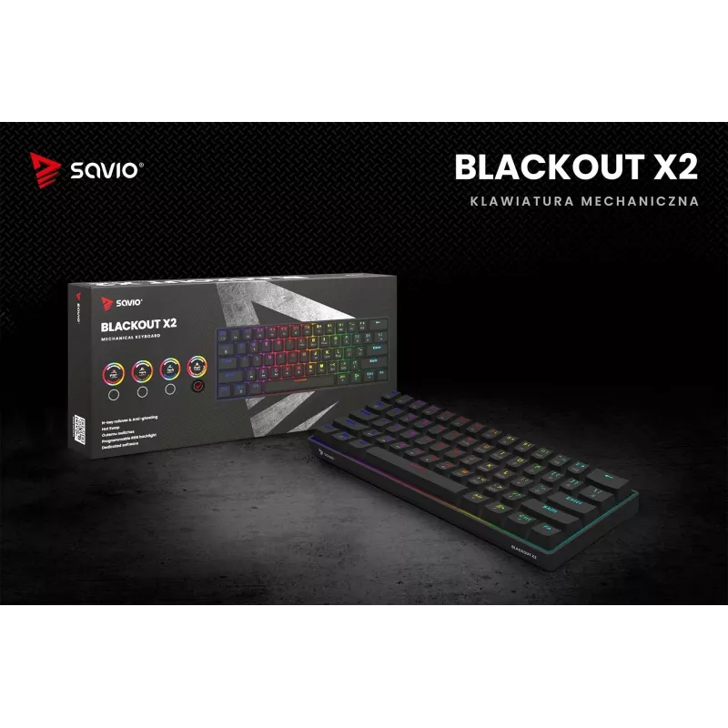 Mechaniczna klawiatura gamingowa SAVIO CzarnyOUT X2 PEACH — 61 klawiszy 60% QWERTY, RGB LED, hot-swap, USB Typ-A/Typ-C, odłączany kabel