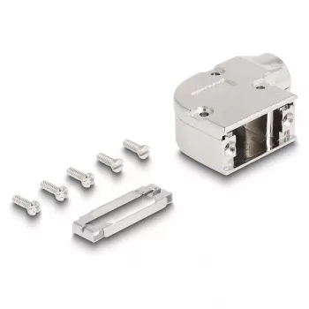 Osłona kabla DELOCK obudowa D-Sub dla złącza 9-pinowego męskiego/żeńskiego z metalowym uchwytem kątowym 90°, srebrna, 33×47×16 mm