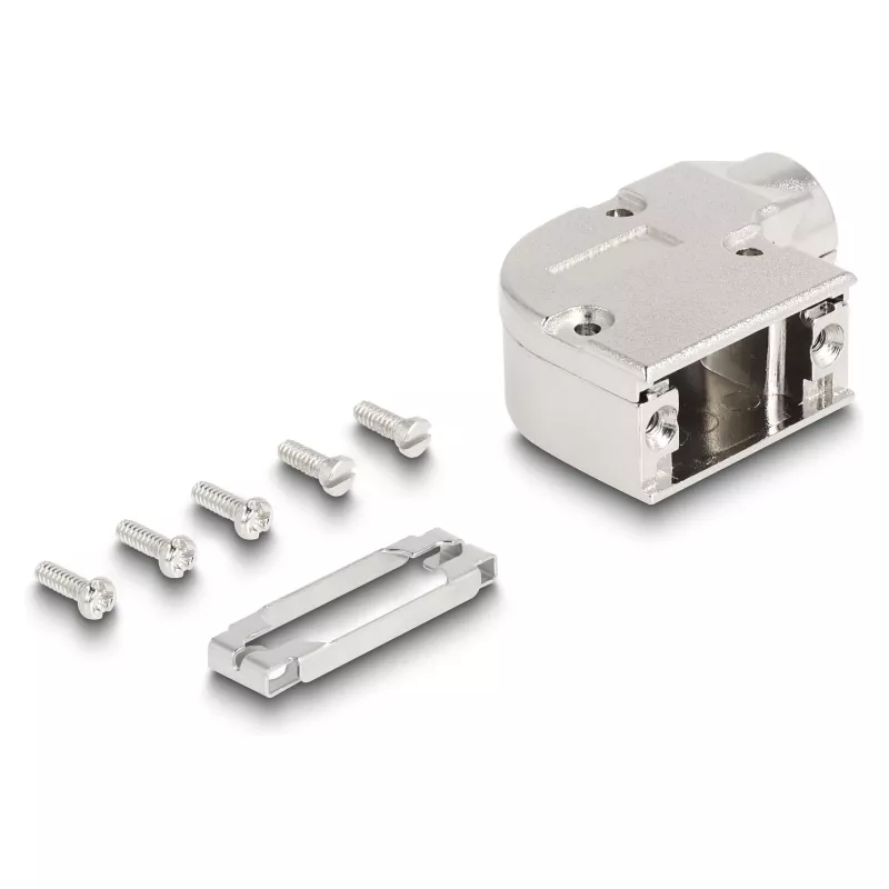 Osłona kabla DELOCK obudowa D-Sub dla złącza 9-pinowego męskiego/żeńskiego z metalowym uchwytem kątowym 90°, srebrna, 33×47×16 mm