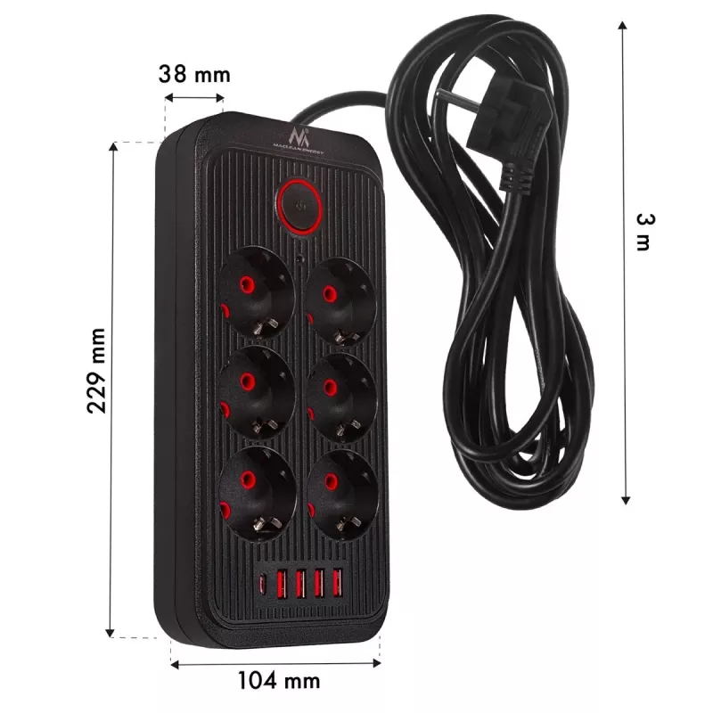 Listwa zasilająca MACLEAN MCE391 B – 6 gniazd, 4×USB-A + 1×USB-C, 110–240V, 2500W, kabel 3 m, czarna
