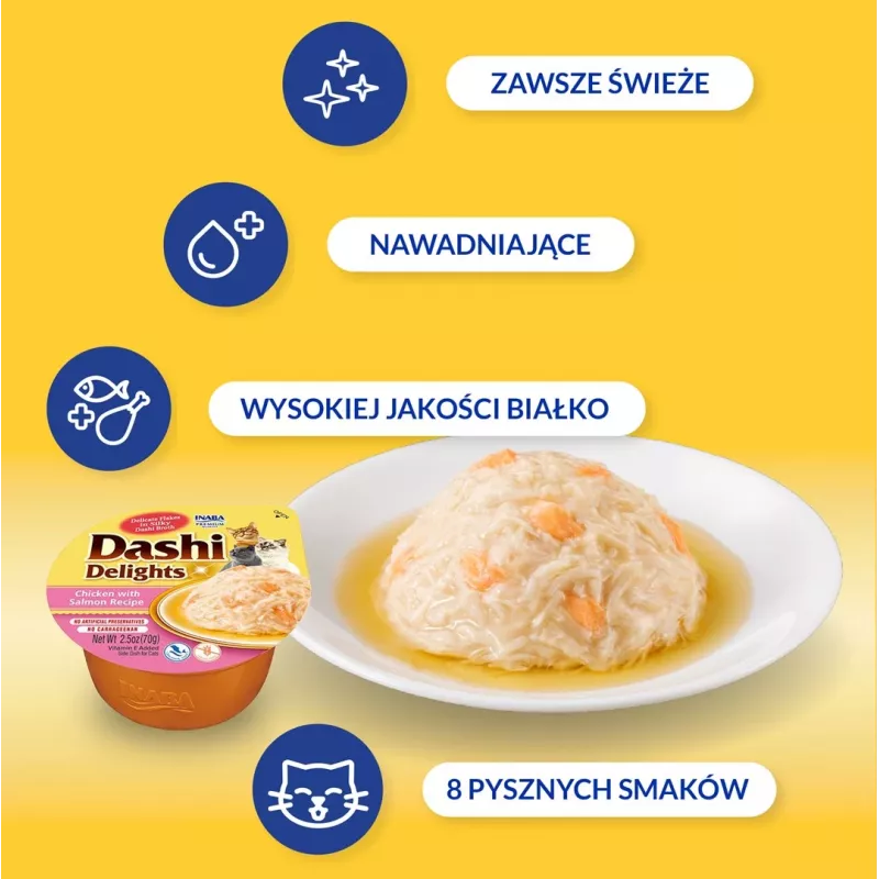 Mokre przysmaki dla kota INABA Dashi Delights kurczak z łososiem w bulionie 70 g