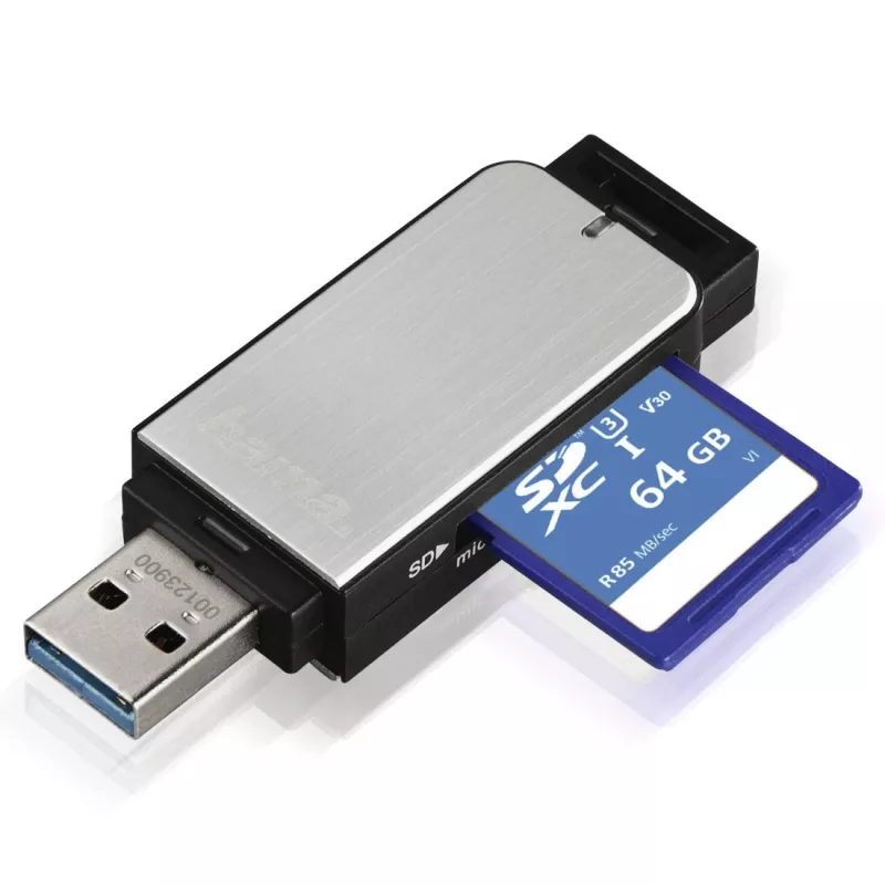 Hama 123900 czytnik kart USB 3.0 SD/microSD, aluminium, czarny/srebrny