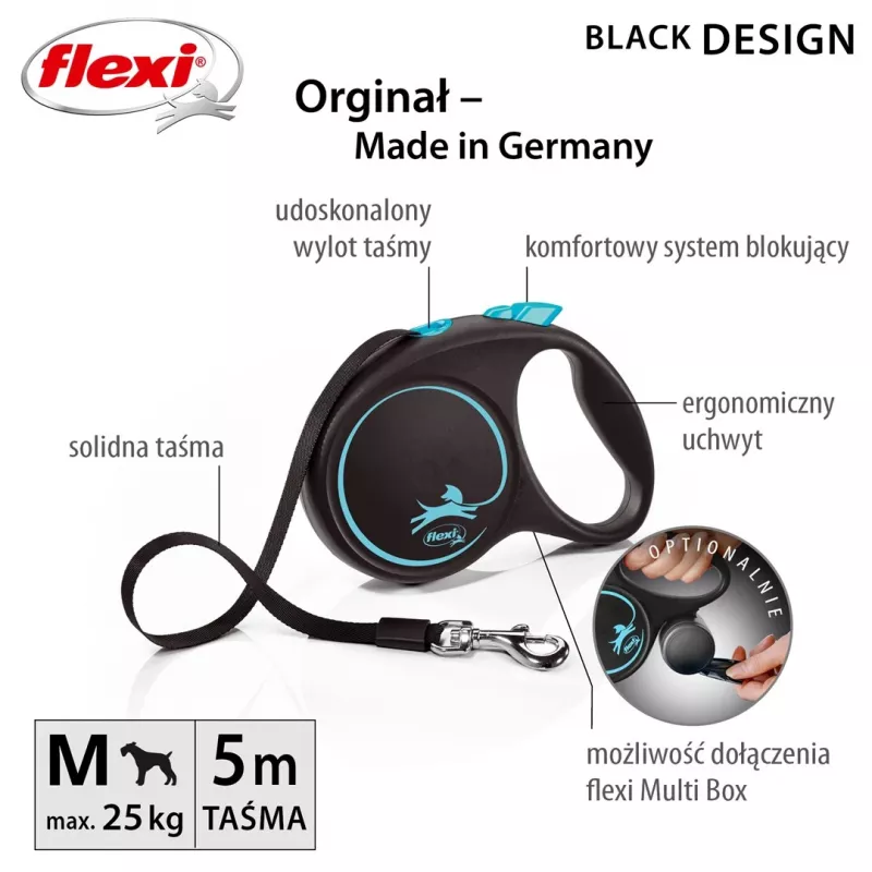 Automatyczna smycz Flexi Flexi Czarny Design M — taśma o długości 5 m, maks. obciążenie 25 kg, ergonomiczny uchwyt