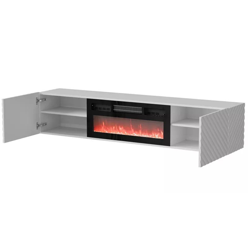 Szafka TV Cama Meble LARA 183x35x37 cm, blat biały mat, rama biała, kominek czarny