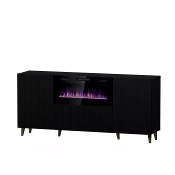 Komoda z kominkiem elektrycznym Cama Meble PAFOS 180x42x82 cm czarny mat, 3 drzwi, 2 półki, 1400–1600 W