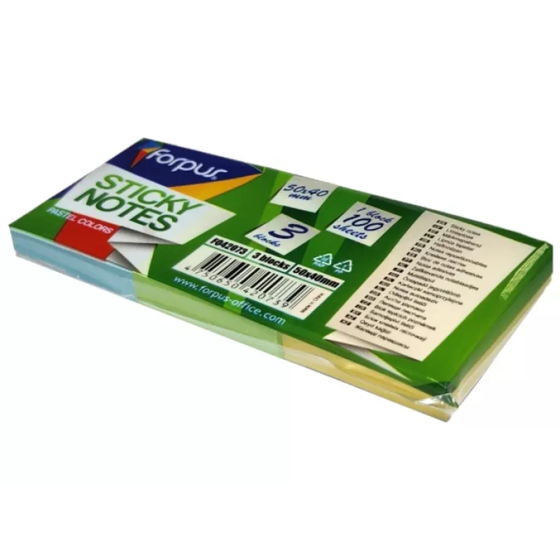 Karteczki samoprzylepne FORPUS FO42073, 40×50 mm, 3 pastelowe kolory, bloczek