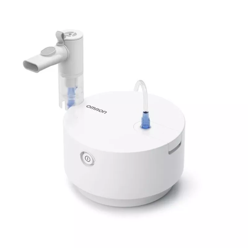 Nebulizator stołowy Omron C28P o wydajności 10 ml/min, wielkości cząstek 2,65 µm, biały, wymiary 265×195×143 mm