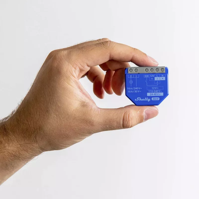 Inteligentny przełącznik Shelly 1 Gen4 — bezprzewodowy 240 V AC, Wi‑Fi 2.4 GHz, Bluetooth 5.0, ZigBee, obudowa plastikowa 42×16×37 mm