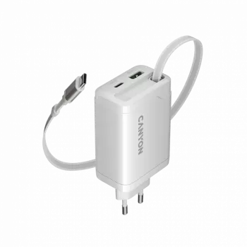 Ładowarka CANYON OnCharge 65RC z wbudowanym kablem USB-C 65W, 1x PD, 1x QC, wtyczka EU, biała
