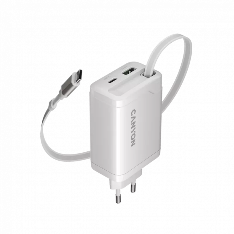 Ładowarka CANYON OnCharge 65RC z wbudowanym kablem USB-C 65W, 1x PD, 1x QC, wtyczka EU, biała