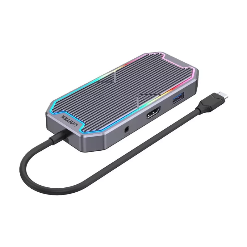 Koncentrator USB Unitek uHUB S7+ — przewodowy USB 3.2 Gen 2 Type-C, 100 W PD, Gigabit Ethernet, obsługa 4K, Space szary