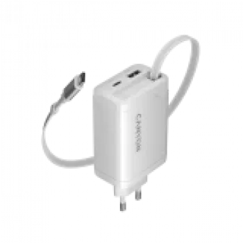 Ładowarka CANYON OnCharge 65RC z wbudowanym kablem USB-C 65W, 1x PD, 1x QC, wtyczka EU, biała