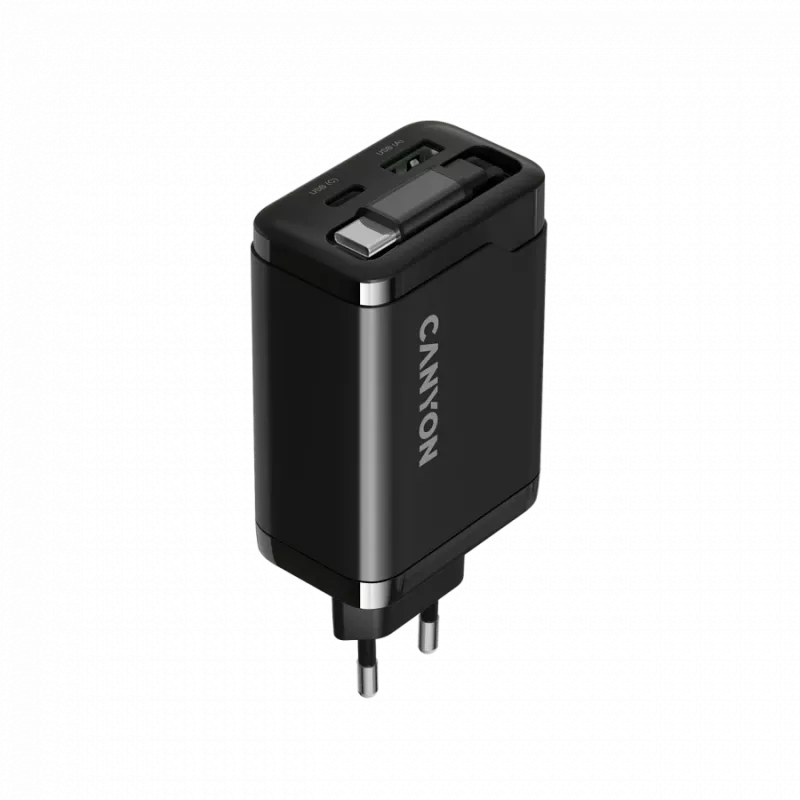Ładowarka CANYON OnCharge 65RC z wbudowanym kablem USB-C, 65 W, 1x PD, 1x QC, wtyczka EU, czarna